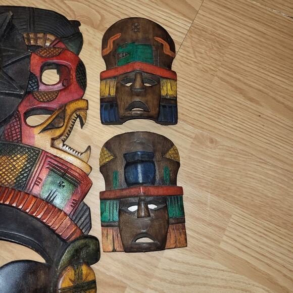 Vntg Hand Painted Hand Carved Myan Aztec Warrior Masks Sighned Set Of 6 Mexican - Picture 8 of 13